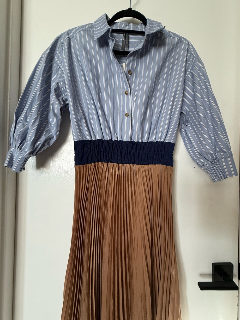 Anthropologie Striped Blue Shirt Top, Navy Waist, Camel & White pleat skirt - Picture 2 of 8